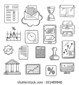 Business and office sketched icons with notebook, letter, parcel, charts, phone, printer, stamp, bank, computer