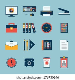 Business office stationery icons set of computer keyboard printer and phone isolated vector illustration