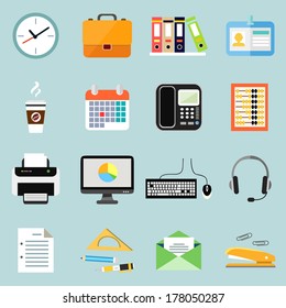 Business office stationery icons set of phone documents files and clock isolated vector illustration