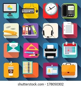 Business office stationery icons set of computer briefcase headphones and coffee isolated vector illustration