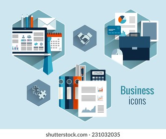 Business office stationery items and elements hexagon flat concepts icons set isolated vector illustration