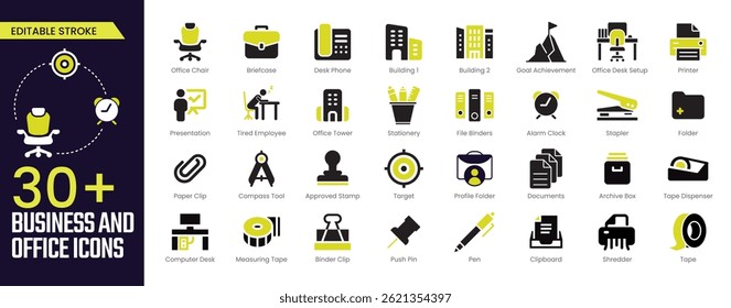 Coleções de ícones Traço Comercial e Comercial. Contendo ícones de Porta-arquivos, Impressora, equipe, Destino, Documentos, Mesa de Computador, empresário e Apresentação. Ícone de traçado editável coleção Ícone de estrutura de tópicos