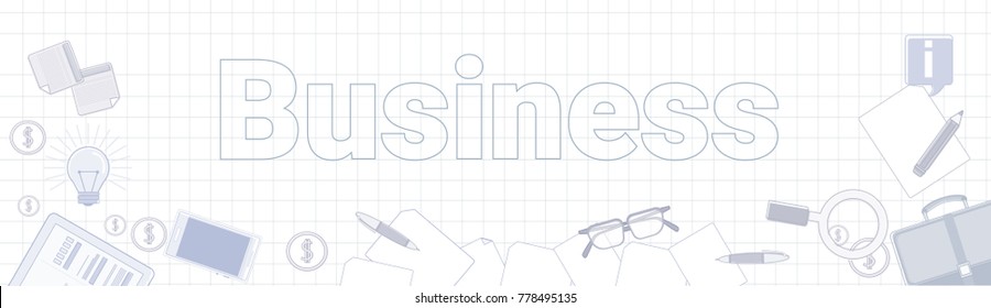 Business Office Stuff On Squared Notebook Paper Background Horizontal Web Banner Vector Illustration