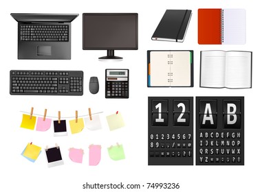 Business and office supplies and alphabet of black mechanical panel. Vector illustration.