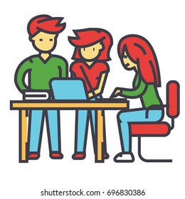 Business office team meeting, man and women working, brainstrorm, coworking center concept. Line vector icon. Editable stroke. Flat linear illustration isolated on white background