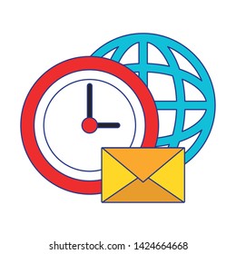 Business and office technology clock and email with global sphere symbols vector illustration graphic design