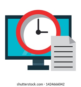 Business and office technology computer and clock with document symbols vector illustration graphic design