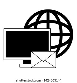 Business and office technology computer and email on global sphere vector illustration graphic design