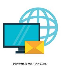 Business and office technology computer and email on global sphere vector illustration graphic design