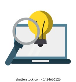 Business and office technology laptop and big idea with magnifying glass vector illustration graphic design