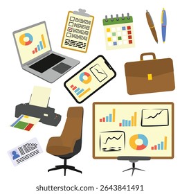 Business office tools consist of laptop, checklist, calendar, pen, phone, briefcase, printer, chair, ID Card dan whiteboard