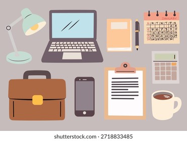Ferramentas de escritório para empresas em estilo estirado para o trabalho e a produtividade diários. Perfeito para sites, painéis, apresentações, planejadores e ilustrações de negócios.