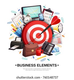 Business office traditional attributes and symbols colorful composition poster with fax planner briefcase dart target vector illustration 