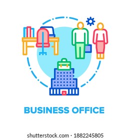 Concepto de icono de vectores de Office empresarial. Centro Comercial De La Empresa O Edificio De La Obra, Lugar De Trabajo Para Empleados, Colegas Lugar De Trabajo Con Ilustración De Color De La Computadora Y La Documentación