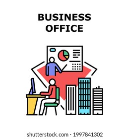 Concepto de icono de vectores de Office empresarial. Oficina De Negocios En El Edificio De Rascacielos Y Área De Trabajo Para El Administrador Que Trabaja En El Equipo. Ilustración De Color De La Estrategia De Conferencia Y Reunión Para La Presentación