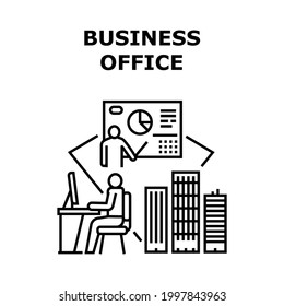 Business Office Vector Icon Concept. Business Office In Skyscraper Building And Workspace For Manager Working At Computer. Conference And Meeting For Presentation Strategy Black Illustration