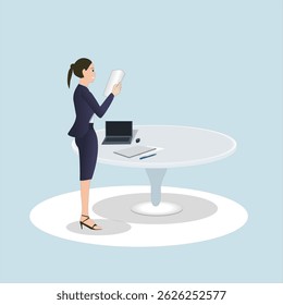 Ilustración vectorial de oficina de negocios con una mesa redonda con libros colocados en la parte superior, rodeada de empleados de oficina sentados en sillas. La escena captura un ambiente de trabajo profesional y colaborativo