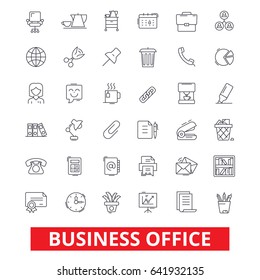 Business office, web, interface, email, calendar workplace, working, utensils line icons. Editable strokes. Flat design vector illustration symbol concept. Linear signs isolated on white background