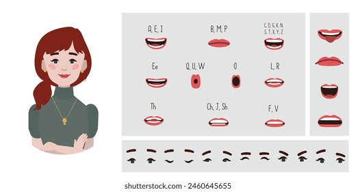 Business office woman avatar creation suitable for animation. Generator, constructor of diverse eyes, lips, emotion expressions mouth animation and lip sync. Woman character face construction.