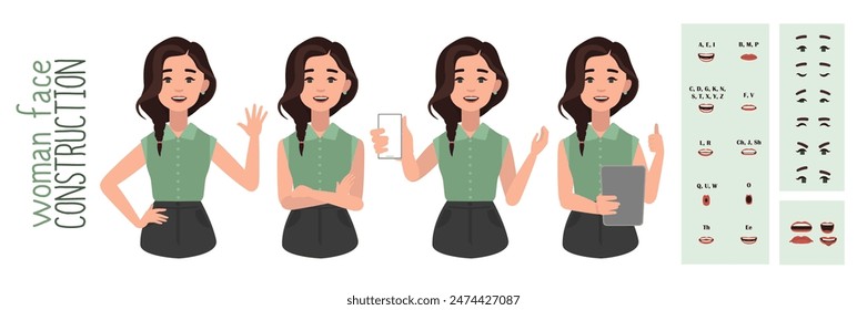 Business office woman constructor suitable for animation. Generator of diverse eyes, lips, emotion expressions mouth animation and lip sync. Young woman character face and upper body construction.