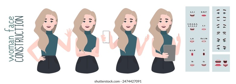 Business office woman constructor suitable for animation. Generator of diverse eyes, lips, emotion expressions mouth animation and lip sync. Young woman character face and upper body construction.