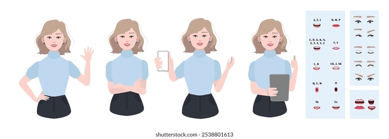 Business office woman constructor suitable for animation. Generator of diverse eyes, lips, emotion expressions mouth animation and lip sync. Young woman character face and upper body construction.