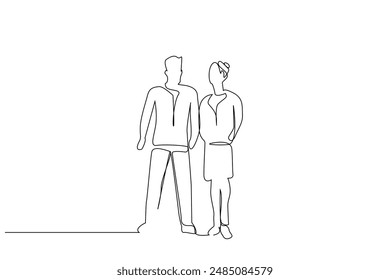 business office woman man office pose full body length one line art design vector