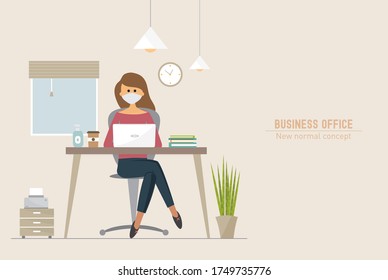 Business office woman wearing face mask and maintain social distancing. Stop covid-19, vector illustration