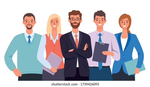 Business office work collective group team standing together smiling people characters on white background