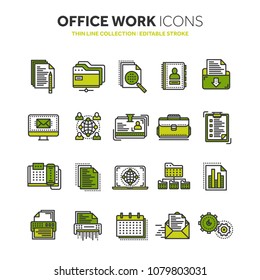 Business and office work. Documents, paperwork. Businessman. Thin line black web icon set. Outline icons collection. Vector illustration.
