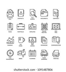 Business and office work. Documents, paperwork. Businessman. Thin line black web icon set. Outline icons collection. Vector illustration.