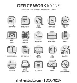 Business and office work. Documents, paperwork. Businessman. Thin line black web icon set. Outline icons collection. Circle element.