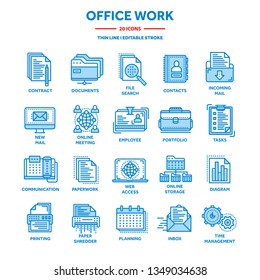Business and office work. Documents, paperwork. Businessman. Thin line blue web icon set. Outline icons collection. Vector illustration.