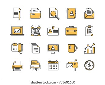 Business and office work. Documents, paperwork. Businessman. Thin line yellow web icon set. Outline icons collection. Vector illustration.