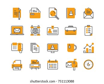 Business and office work. Documents, paperwork. Businessman. Thin line blue web icon set. Outline icons collection. Vector illustration.