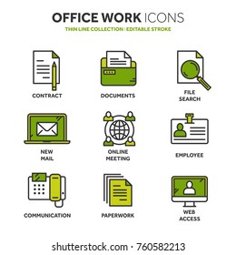 Business and office work. Documents, paperwork. Businessman. Thin line blue web icon set. Outline icons collection. Vector illustration.