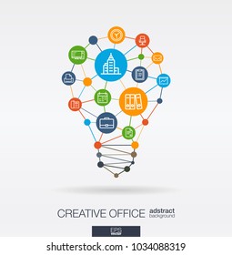 Business office work integrated thin line web icons. Idea, solution in light bulb shape. Digital network concept. Connected polygons and circles system. Abstract teamwork workspace background. Vector
