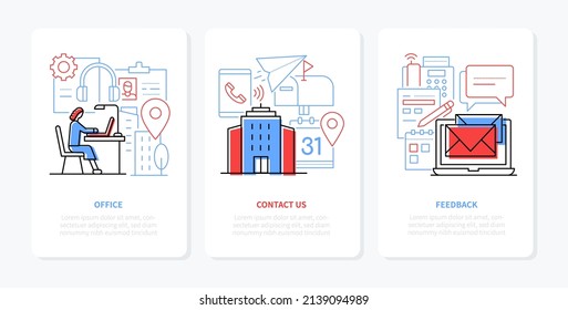 Business and office work - line design style banners set with editable stroke and place for text. Corporate culture, workplace, city buildings, online, feedback, communication with clients idea