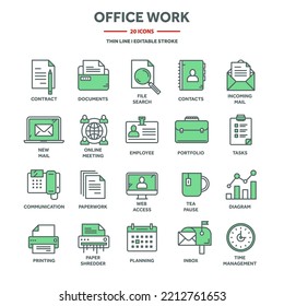 Business and office work, planning and scheduling. Daily schedule, employees, working day. Office tools and stationery supplies, documents, paperwork. Thin line web icons set. Vector illustration