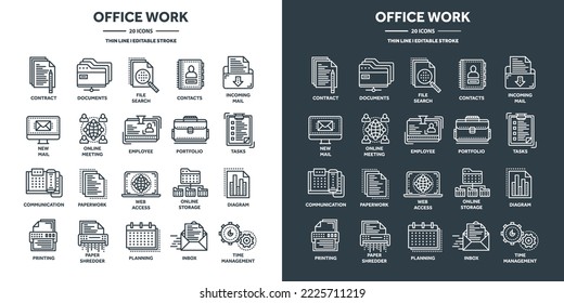 Business and office work, planning and scheduling. Daily schedule, employees, working day. Office tools and stationery supplies, documents, paperwork. Thin line web icons set. Vector illustration