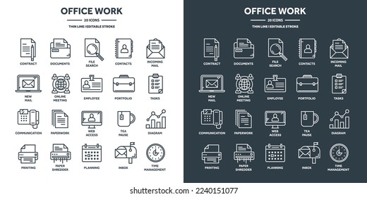 Trabajo, planificación y programación de la empresa y la oficina. Horario diario, empleados, jornada laboral. Herramientas de oficina y material de papelería, documentos, papeleo. Iconos web de línea delgada configurados. Ilustración del vector