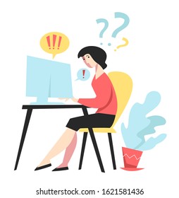 Business and office work stress, overworking and workload, isolated character vector. Woman stressing at desk and computer, deadline missing. Tiredness and exhaustion, report typing, stressful job