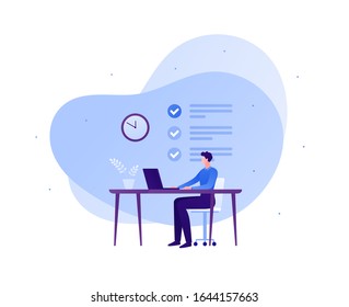 Business office work and task management concept. Vector flat person illustration. Male sitting at desk with laptop. To-do list and time clock sign. Design element for banner, poster, background.