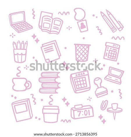 Business and Office Work Tools Icon Set in Outline Flat Style Pastel