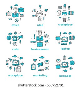 Business, office work, workplace. Hand drawn vintage style. Flat design vector illustration.
