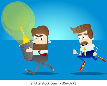 Business office worker with big idea running away from another businessman. Vector cartoon illustration.