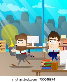 Business office worker with big idea running away from another businessman. Vector cartoon illustration.