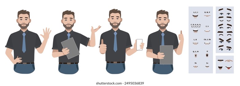 Business office worker man constructor suitable for animation. Generator of diverse eyes, lips, emotion expressions mouth animation and lip sync. Young man character face and upper body construction. 