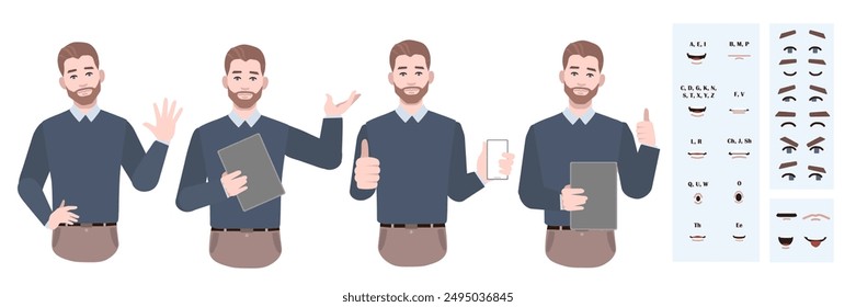 Business office worker man constructor suitable for animation. Generator of diverse eyes, lips, emotion expressions mouth animation and lip sync. Young man character face and upper body construction. 