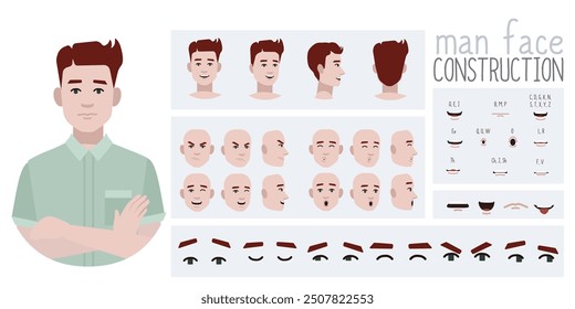 Business office worker man constructor suitable for animation. Generator of diverse eyes, lips, emotion expressions mouth animation and lip sync. Young man character face and upper body construction.